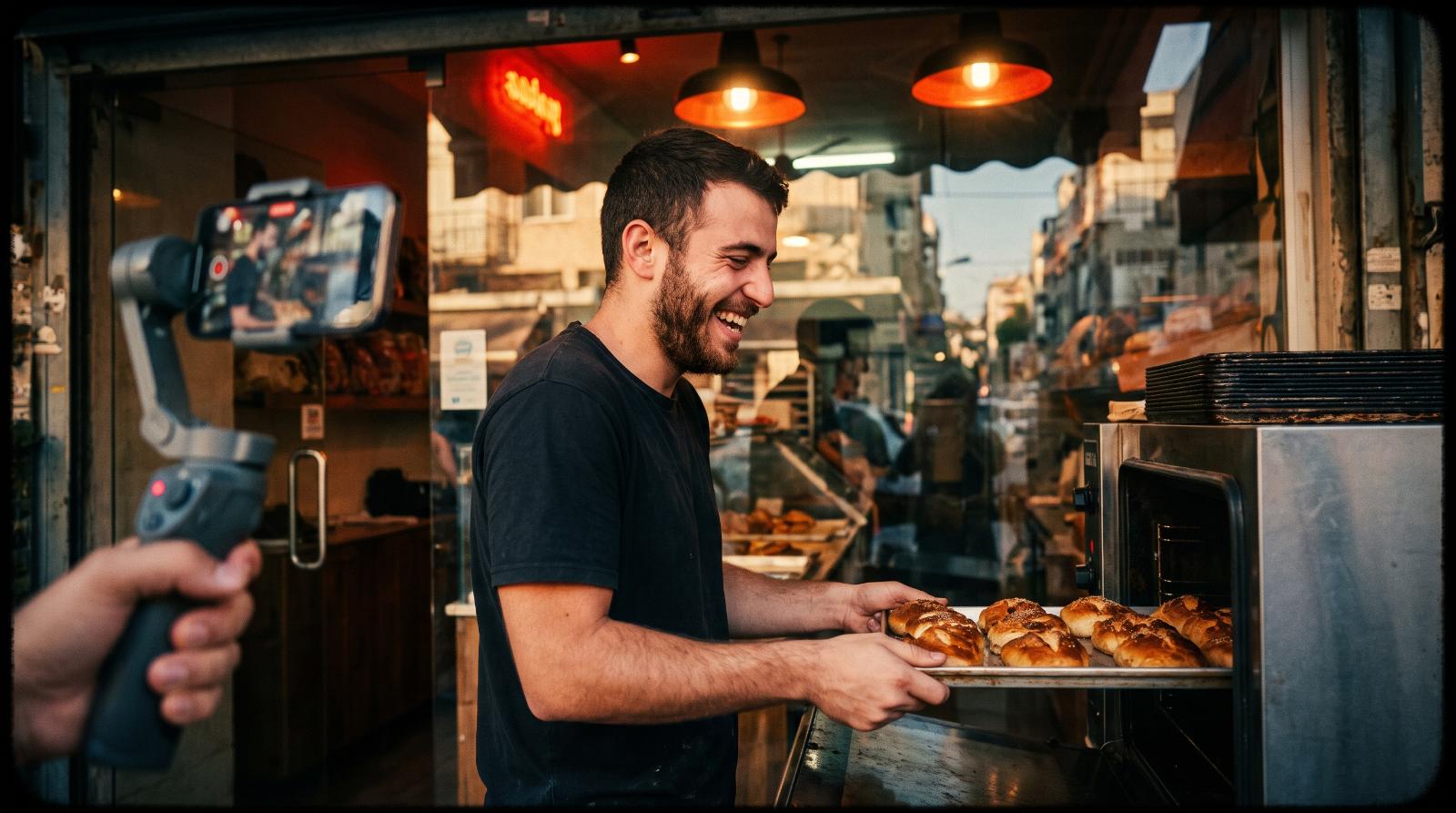 צילום בעל מאפייה מוציא תבנית מהתנור
